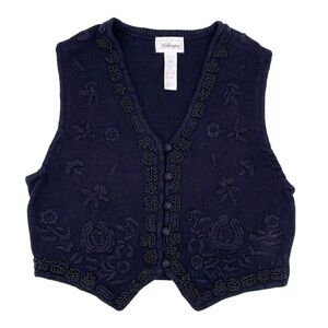 Vintage 90s Worthington Black Floral Embroidered Embellished Beaded Sweater Vest